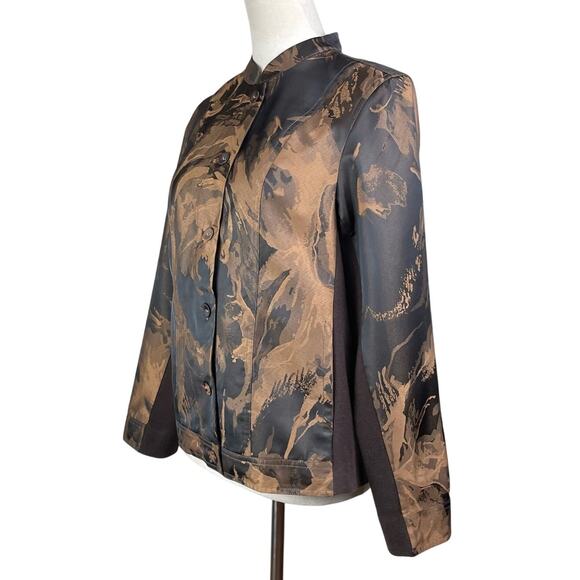 A La Carte Brown Pattern Band Collar Stretch Lightweight Button Up Jacket Pocket - Picture 3 of 12